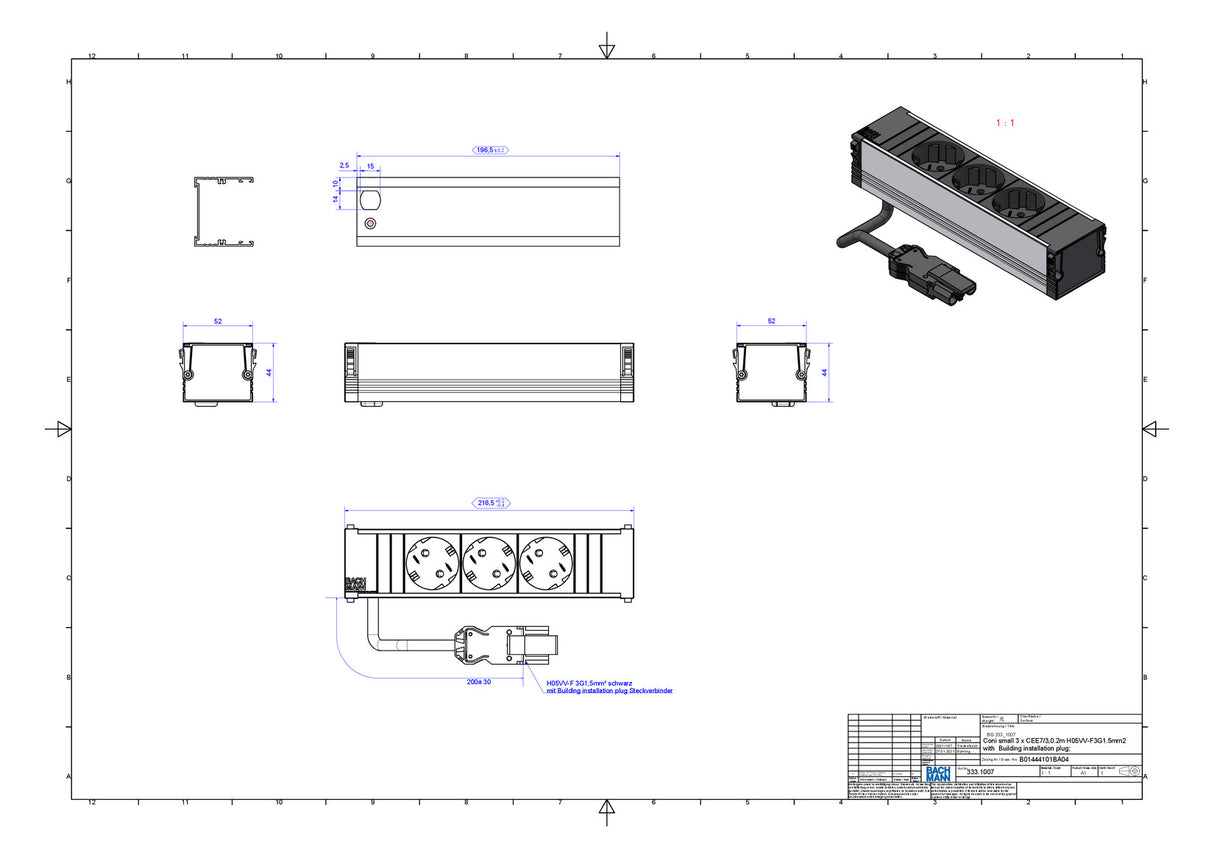 BACHMANN Steckdosenleiste 3f sw 0,2m 35° CONI 333.1007 IP20 1,5qmm