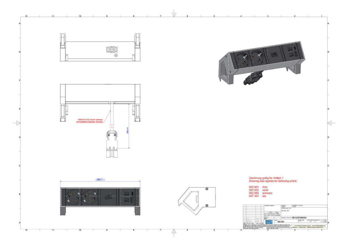 BACHMANN Steckdosenleiste 2f alu 2xUSB 902.932 0,2m 35° IP20 1,5qmm