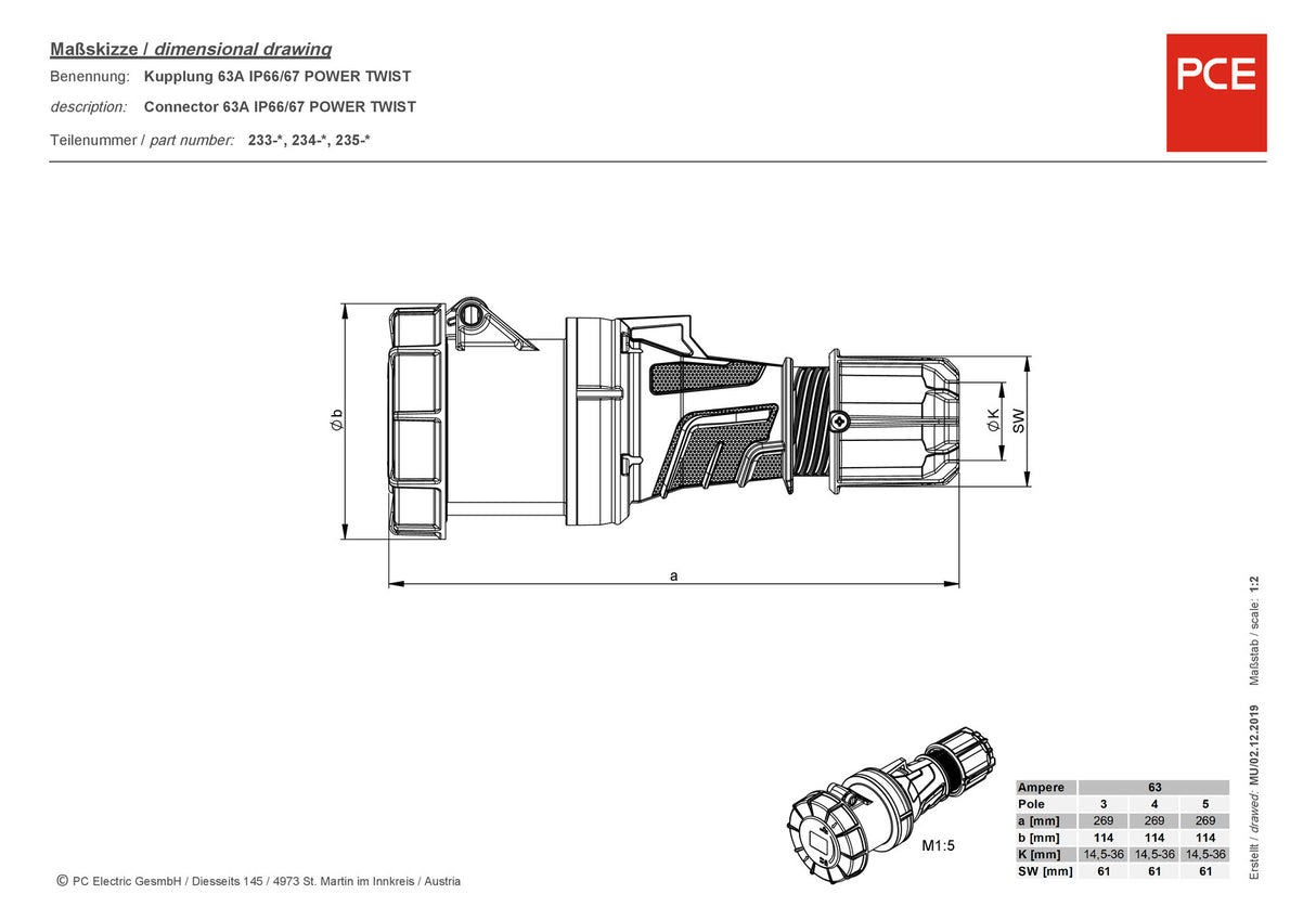 PC ELECTRIC CEE-Kupplung 5p 63A IP67 IP67 400V/rt 6h 235-6