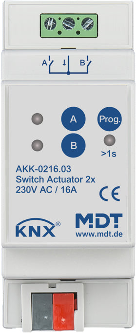 MDT Schaltaktor 2-fach 2TE, REG, 16A, 230VAC,Kom AKK-0216.03