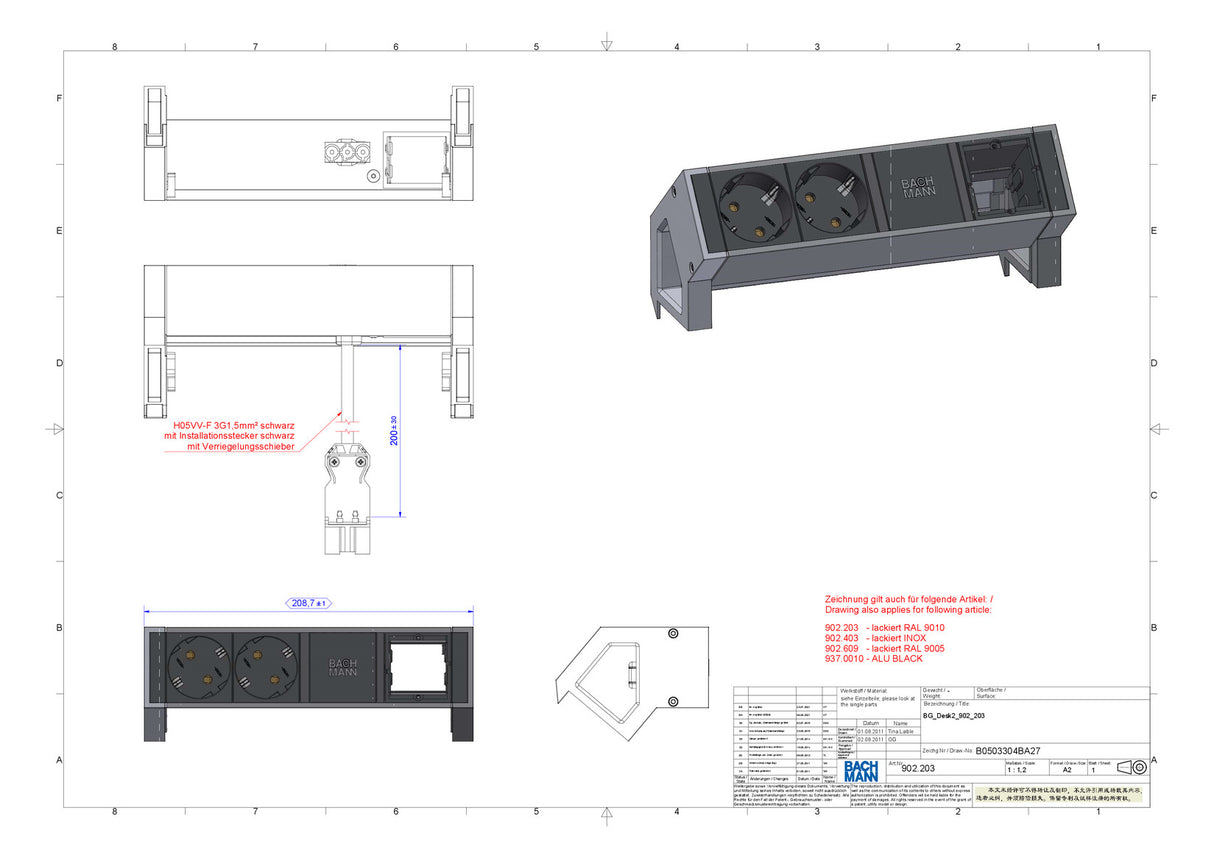 BACHMANN Steckdosenleiste 1/1f sw 0,2m 902.203 35° IP20 1,5qmm