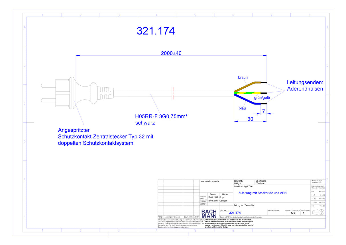 BACHMANN Netzanschlussleitung 2m 16A sw 321.174 3x0,75qmm IP20 Aderendh 0-70°C