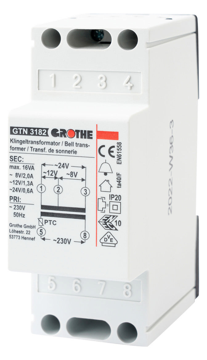 GROTHE Klingeltransformator 230V REG 2TE GTN 3182 8/12/24V 2/1,3/0,6A