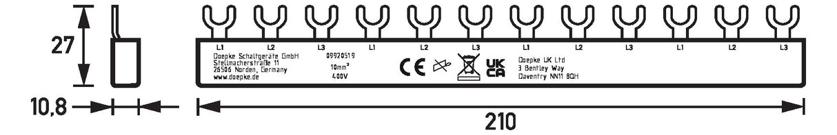 DOEPKE Phasenschiene 3ph 17,5mm 212mm EV-S G 3.12.120E 10qmm 63A Gabel isol