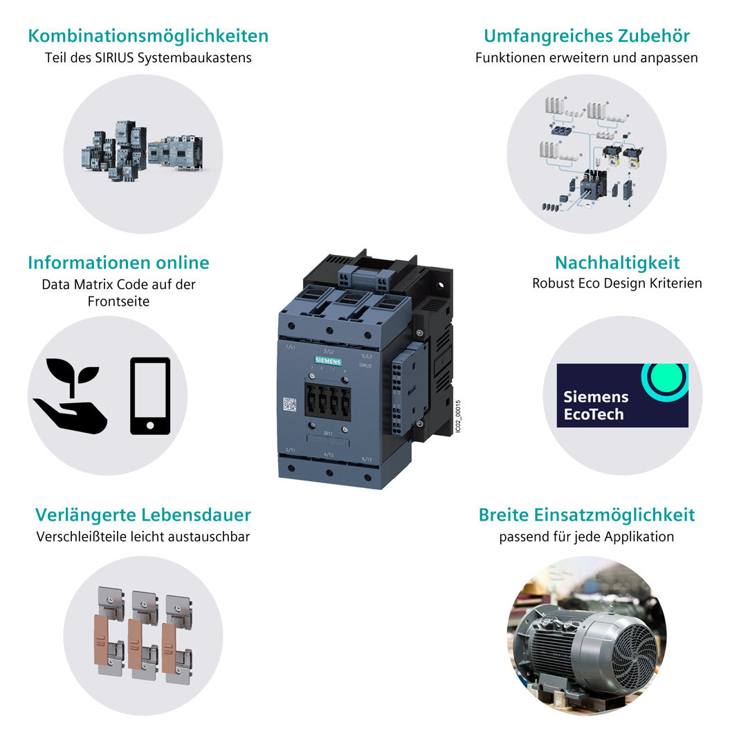 SIEMENS Leistungsschütz 110kW 3S 225A 3RT1064-6AP36 220-240VUC 2S+2Ö/Hilf REG