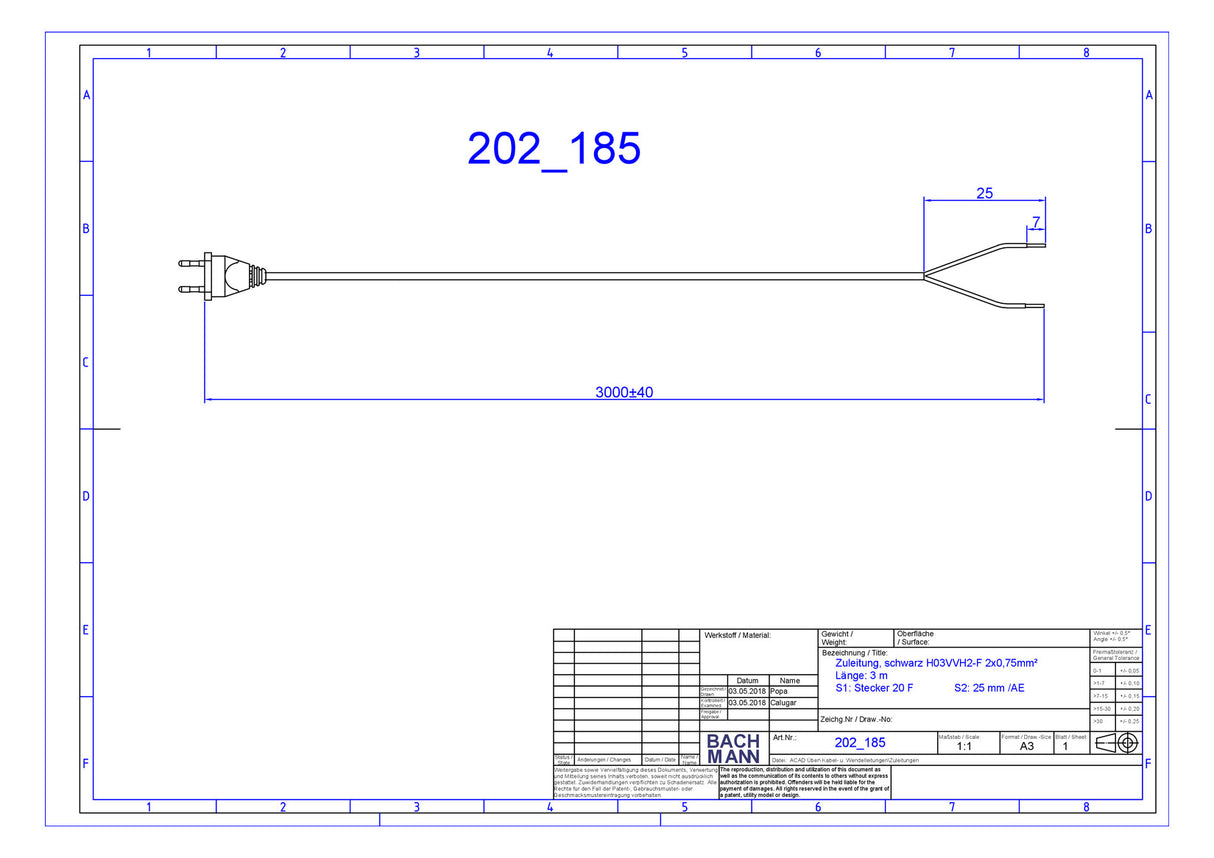BACHMANN Netzanschlussleitung 3m 2,5A sw 202.185 2x0,75qmm IP20 Euro-Steck PVC