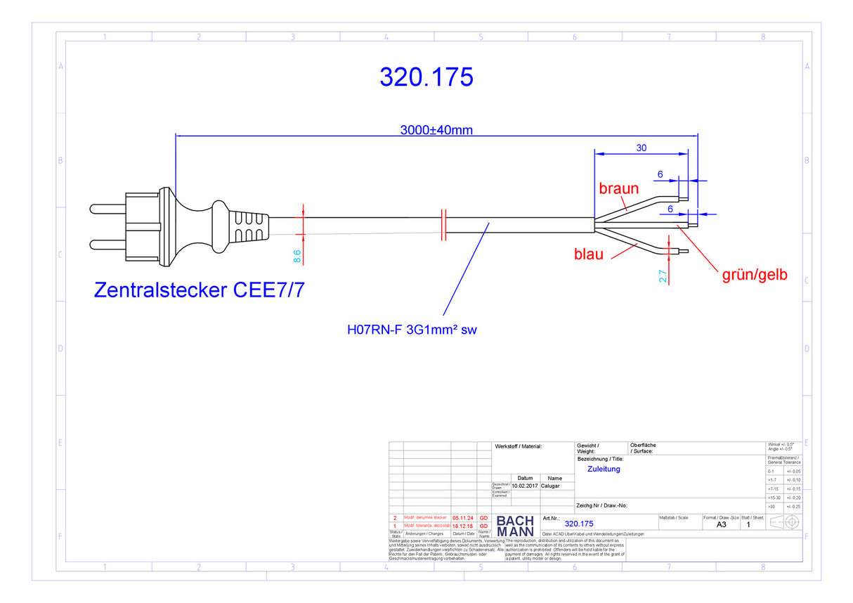 BACHMANN Netzanschlussleitung 3m 3x1qmm 320.175 16A sw IP20 Aderendh 0-70°C