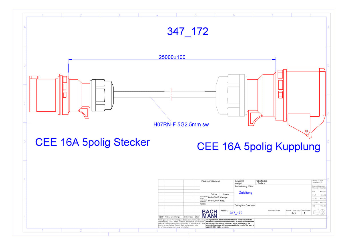 BACHMANN CEE-Verlängerung 25m 5x2,5qmm 347.172 16A sw IP44 CEE-Steck CEE-Kuppl
