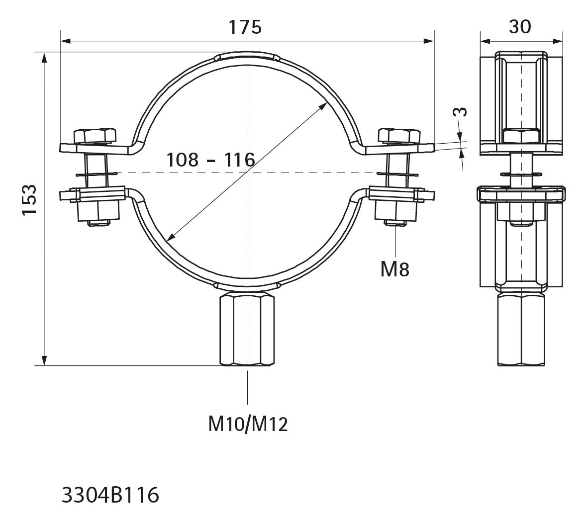 Walraven Schwerlastschelle HD500 schwarz 108-116 mm M10/M12 Zweischraubenschelle | 3304B116