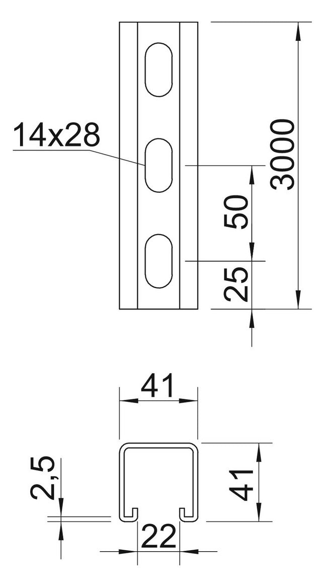 BETTERMANN C-Profilschiene ST 22mm MS4141PP3000FS 3000x41x41mm D2,5mm