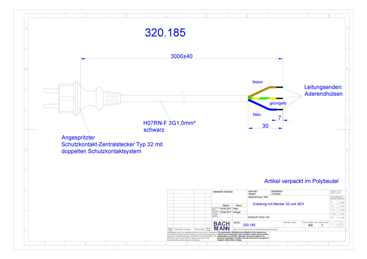 BACHMANN Netzanschlussleitung 3m 3x1qmm 320.185 16A sw IP20 Aderendh 0-70°C