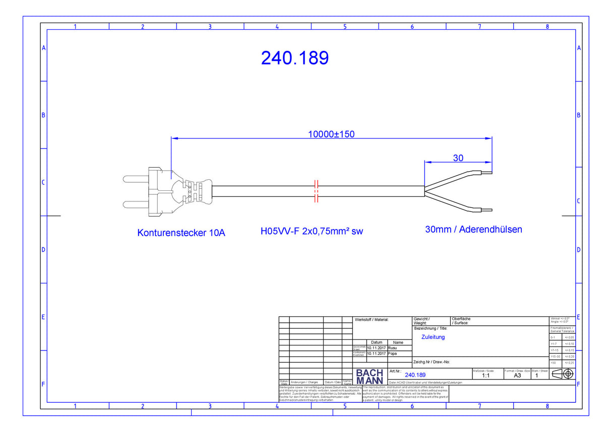 BACHMANN Netzanschlussleitung 10m 10A sw 240.189 2x0,75qmm IP20 Aderendh 0-70°C