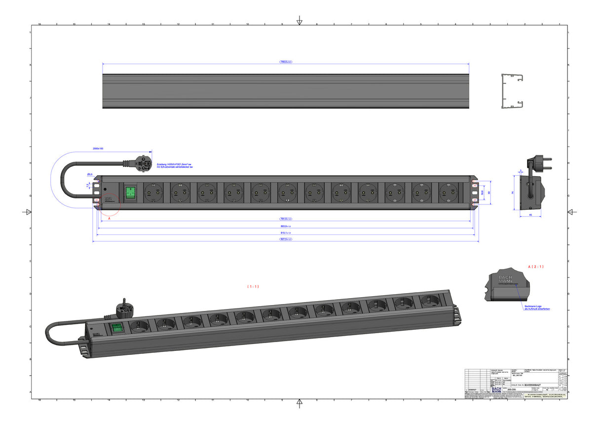 BACHMANN Steckdosenleiste 12f gr 2m 90° 300.005 m.Ein/Aus IP20 1,5qmm