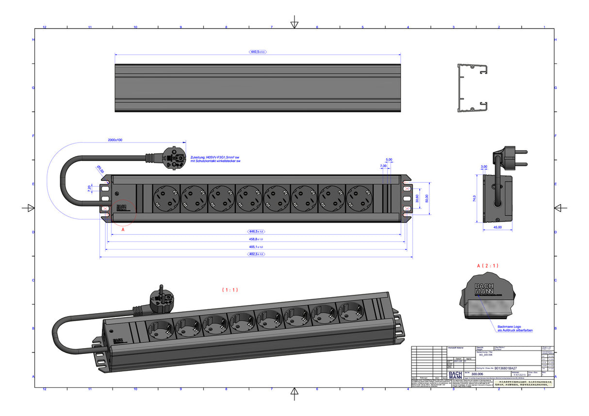 BACHMANN Steckdosenleiste 8f sw 2m 35° 300.006 IP20 1,5qmm