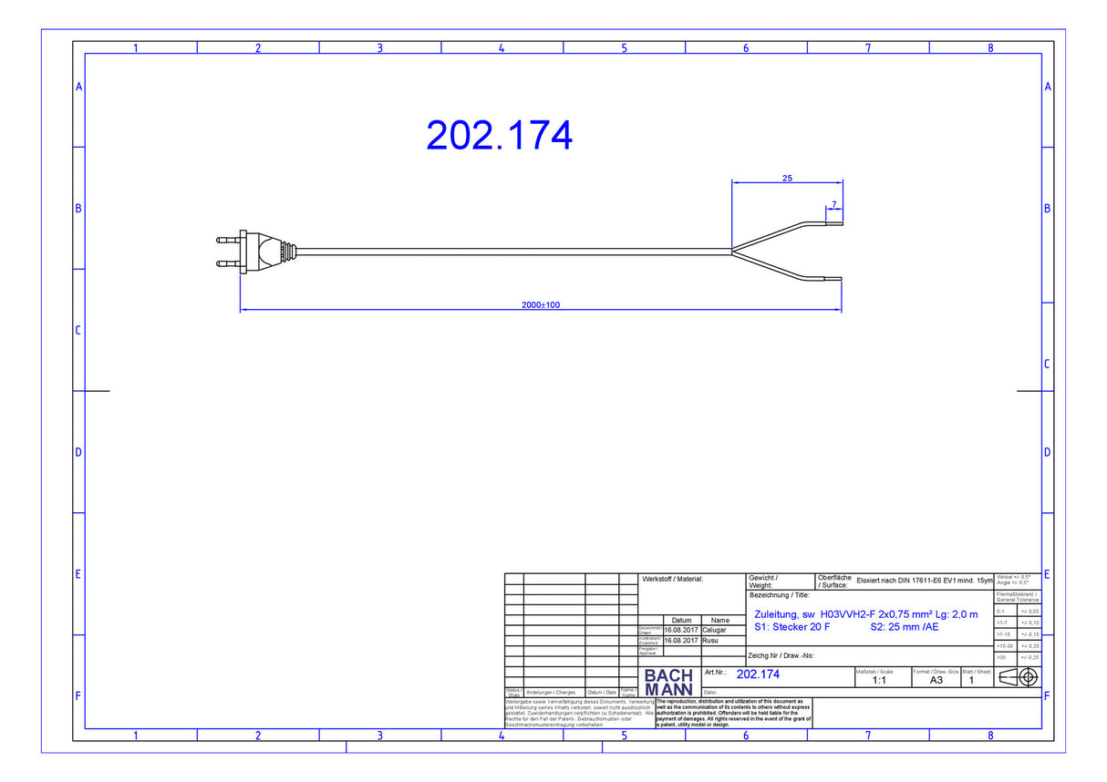 BACHMANN Netzanschlussleitung 2m 2,5A sw 202.174 2x0,75qmm IP20 Euro-Steck PVC