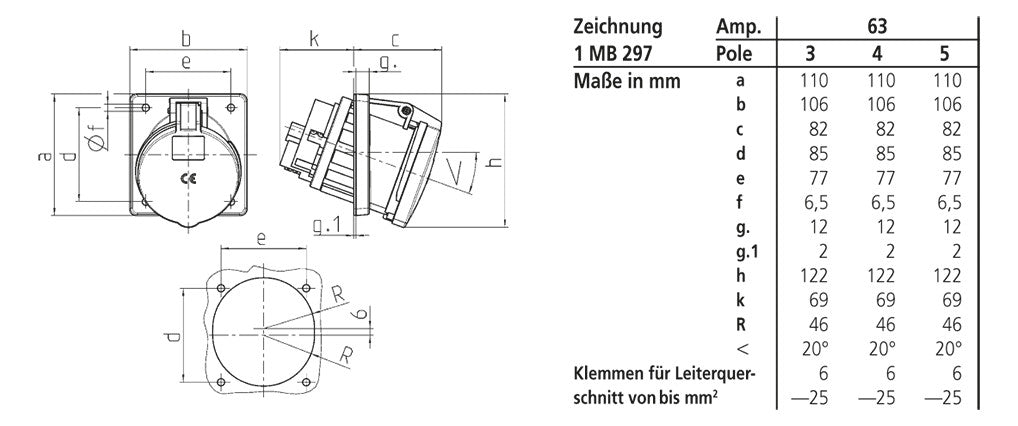 MENNEKES CEE-Anbausteckdose 3p 63A 6h 1147A 230V/bl IP44 Schraubkl abgew Kst
