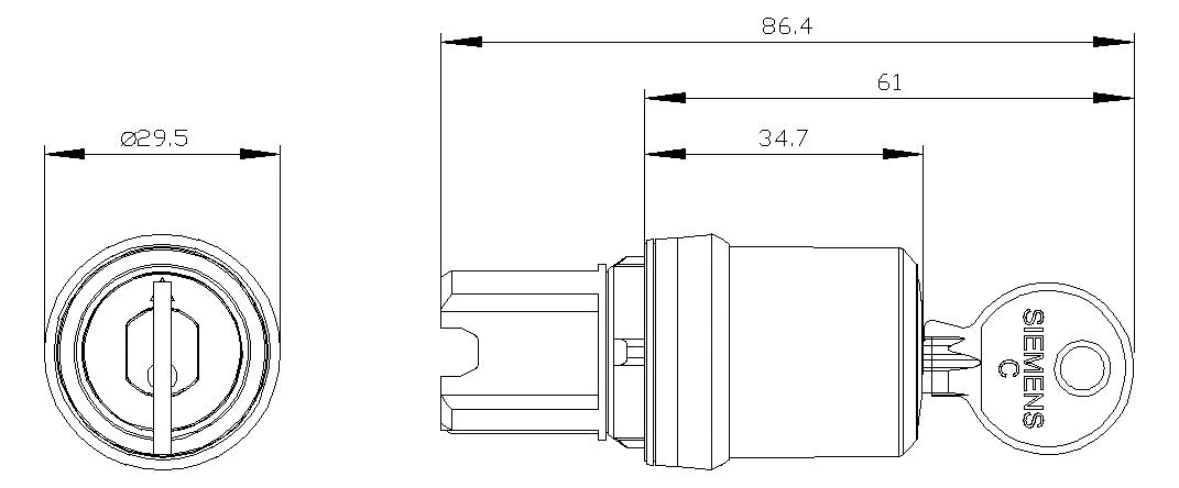 SIEMENS Schlüsselschalter 3stuf rechteck 3SU1000-5BL11-0AA0 22mm 29,45x59,4mm