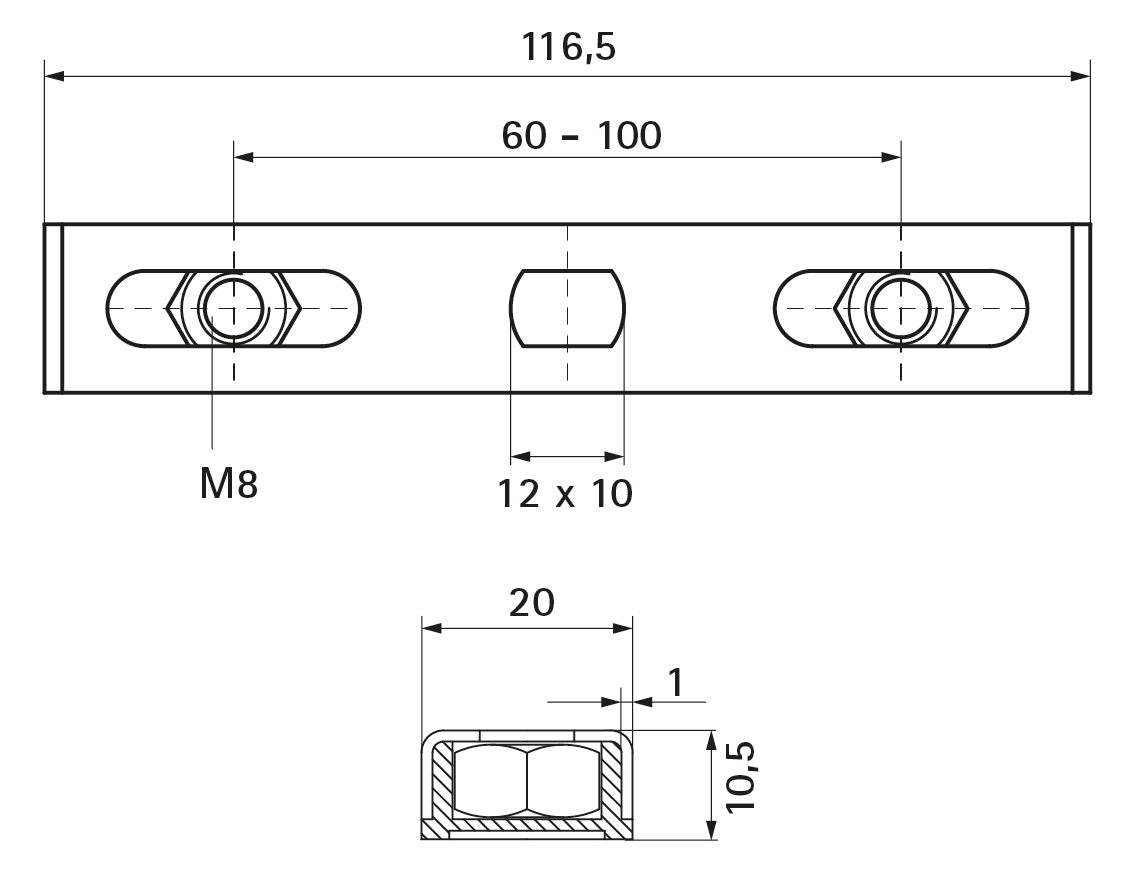 WALRAVEN Duplo Montageplatte ev/PP weiß 116,5x20x10,5 - 2x M8 Abst.: 60-100 mm