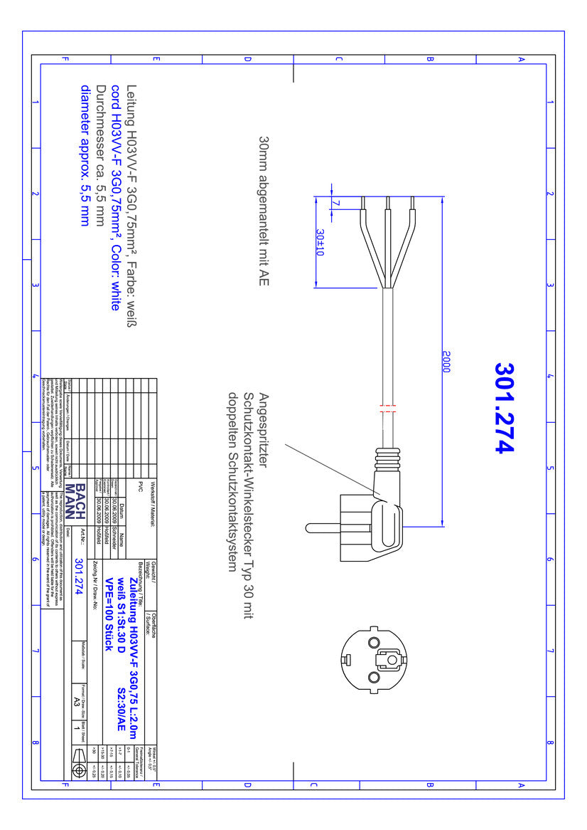 BACHMANN Netzanschlussleitung 2m 16A ws 301.274 3x0,75qmm IP20 Aderendh 0-70°C
