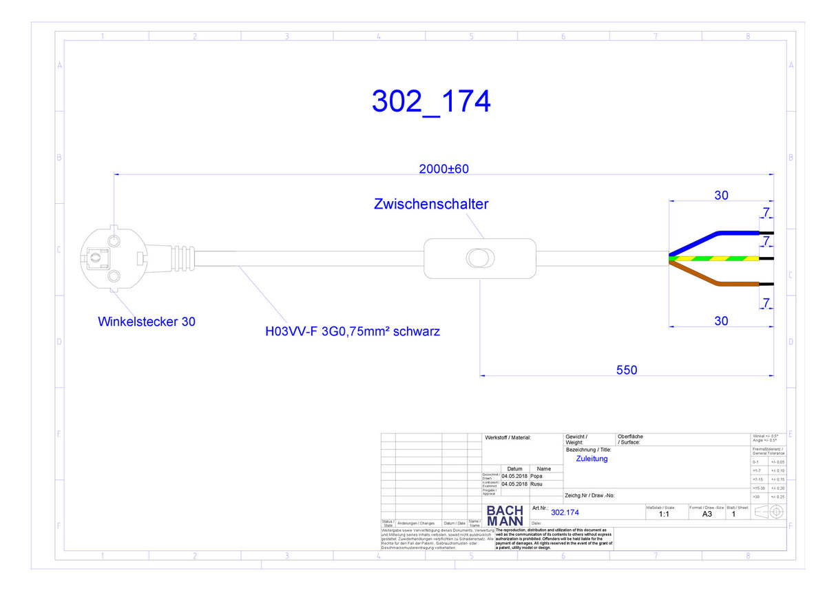 BACHMANN Netzanschlussleitung 2m 10A sw 302.174 3x0,75qmm IP20 Aderendh 0-70°C
