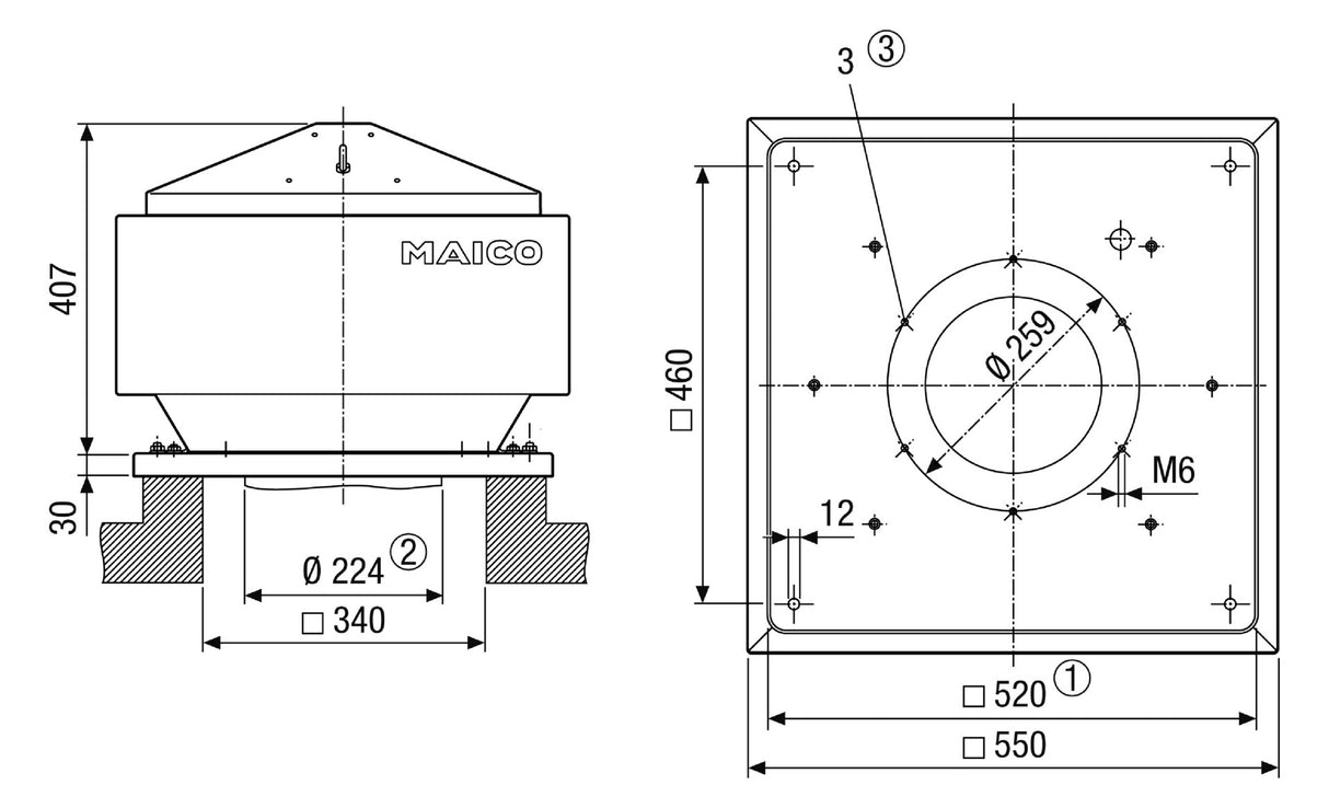 MAICO Dachventilator 224mm 230V 407W MDR 22 EC 1390cbm/h -25-60°C Stahlbl