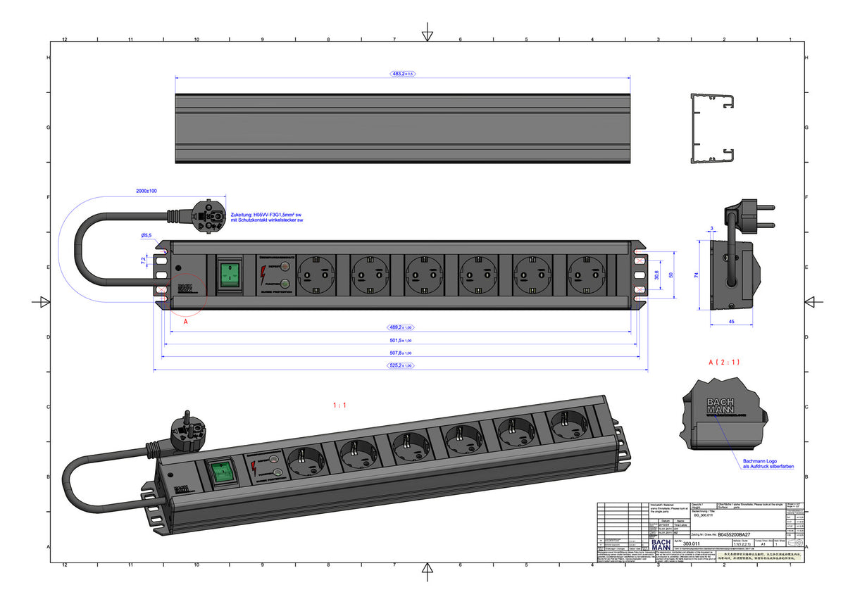 BACHMANN Steckdosenleiste 6f sw 2m 90° 300.011 m.Ein/Aus IP20 ÜSS