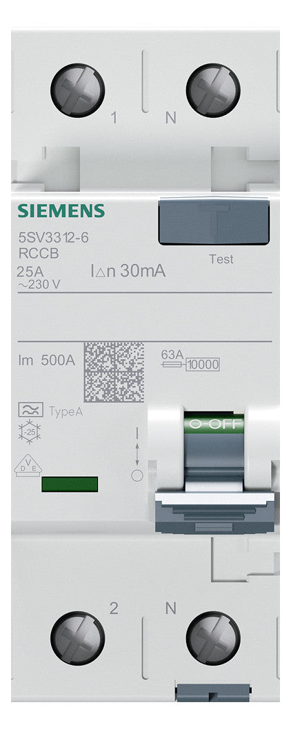 SIEMENS FI-Schutzschalter A 2p 230V 25A 5SV3312-6 0,03A 2TE REG 10kA 1kA/stoß