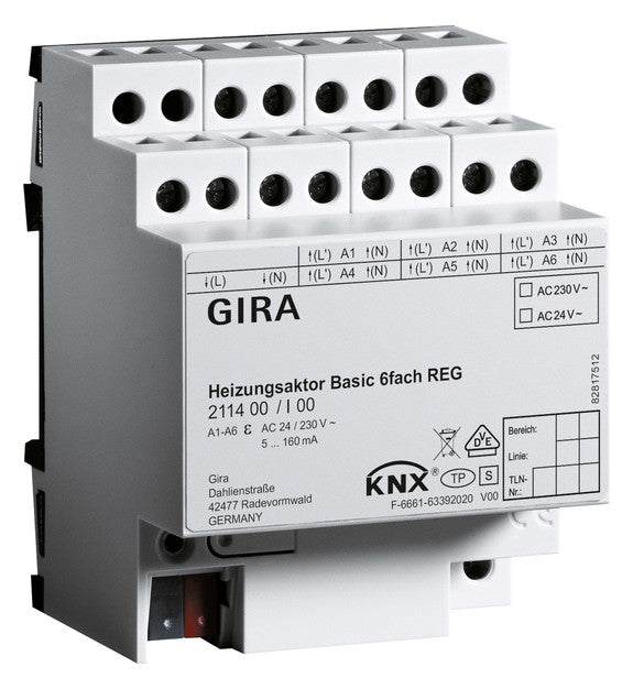 GIRA Heizungsaktor KNX REG 6Ausg 0,16A 211400 24-230V Ventilschutz