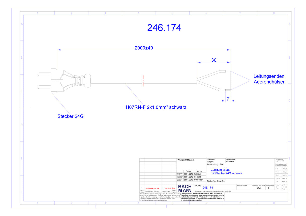 BACHMANN Netzanschlussleitung 2m 2x1qmm 246.174 10A sw IP20 Aderendh KontSteck