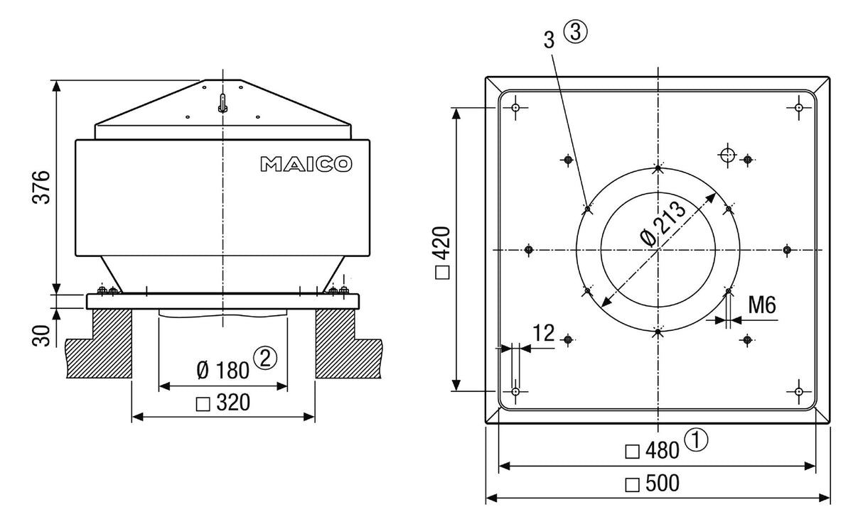 MAICO Dachventilator 180mm 230V 167W MDR 18 EC 632cbm/h -25-60°C Stahlbl
