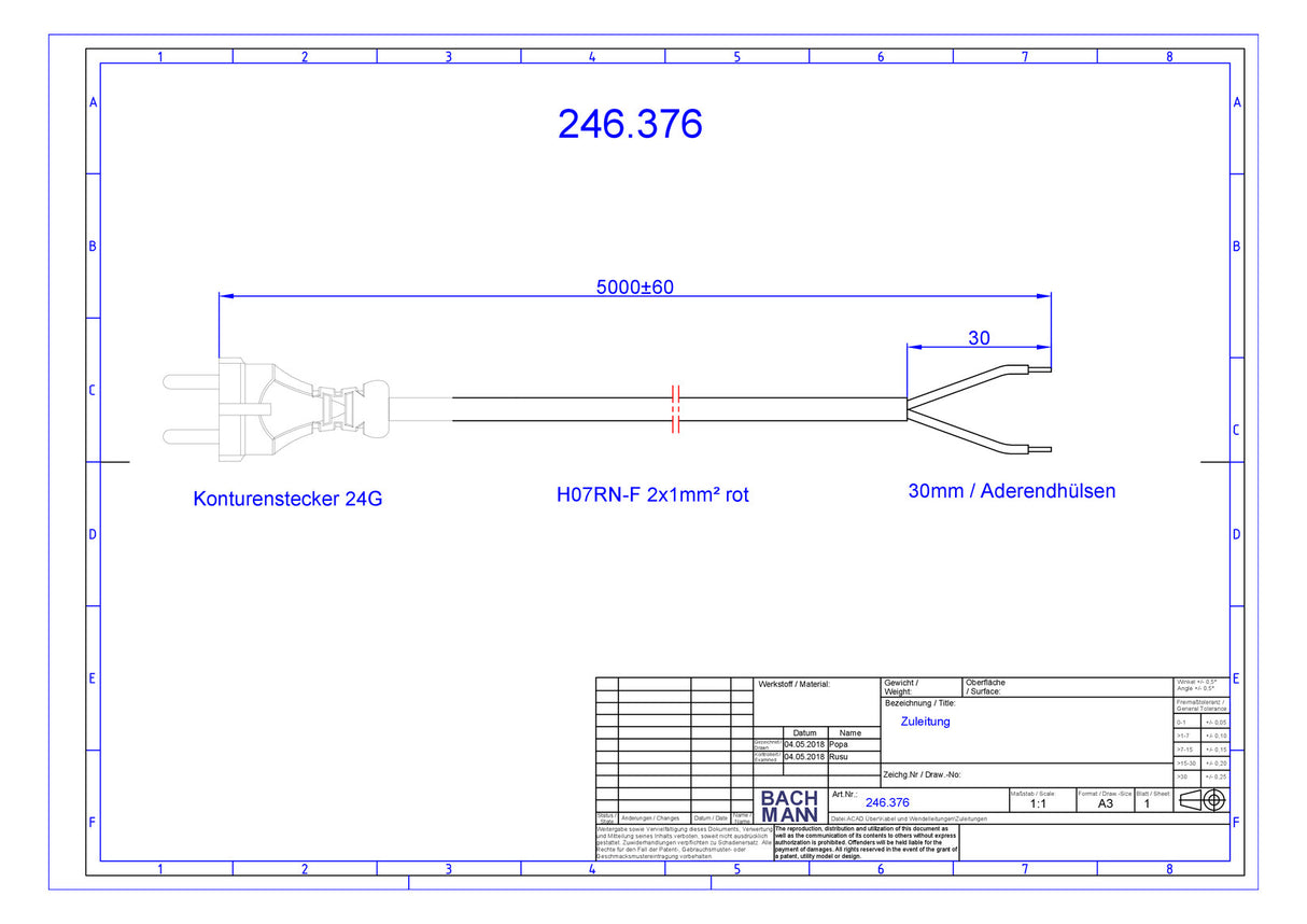 BACHMANN Netzanschlussleitung 5m 2x1qmm 246.376 10A rt IP20 Profilstecker Gummi