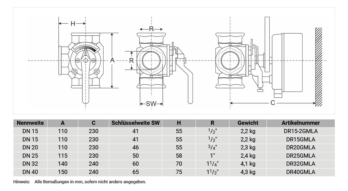 Honeywell CENTRA Dreiwege-Differential-Mischer Muffenausf.,Rückl.links,DN15,DR15GMLA