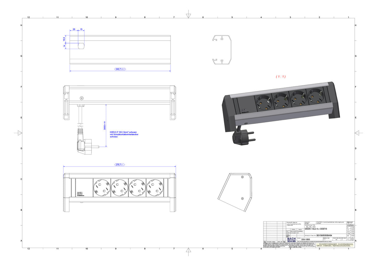 BACHMANN Steckdosenleiste 4f sw 35° IP20 DESK 339.1000