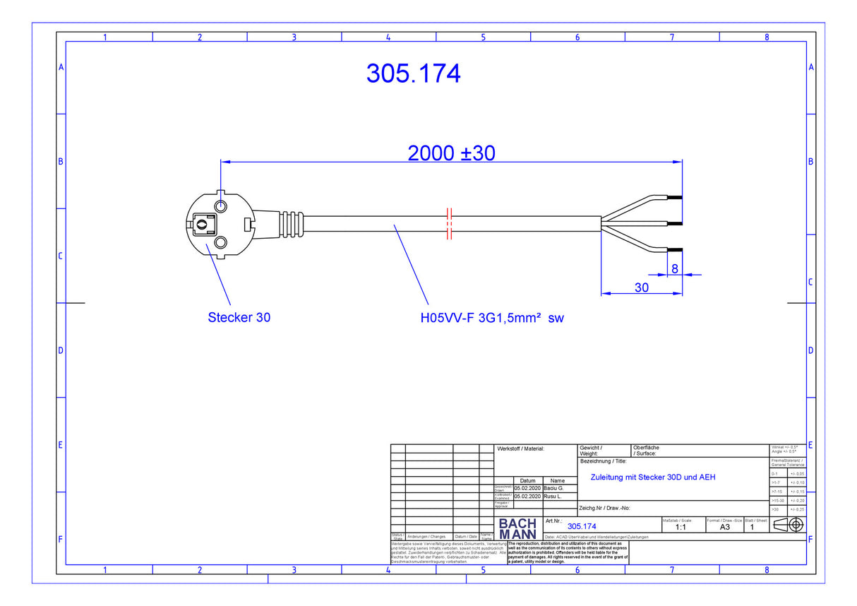 BACHMANN Netzanschlussleitung 2m 16A sw 305.174 3x1,5qmm IP20 Aderendh 0-70°C