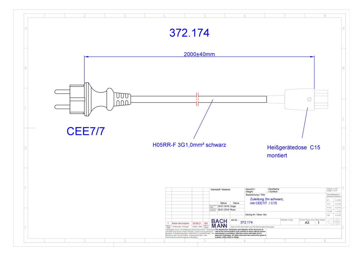 BACHMANN Netzanschlussleitung 2m 3x1qmm 372.174 10A sw IP20 0-155°C PVC
