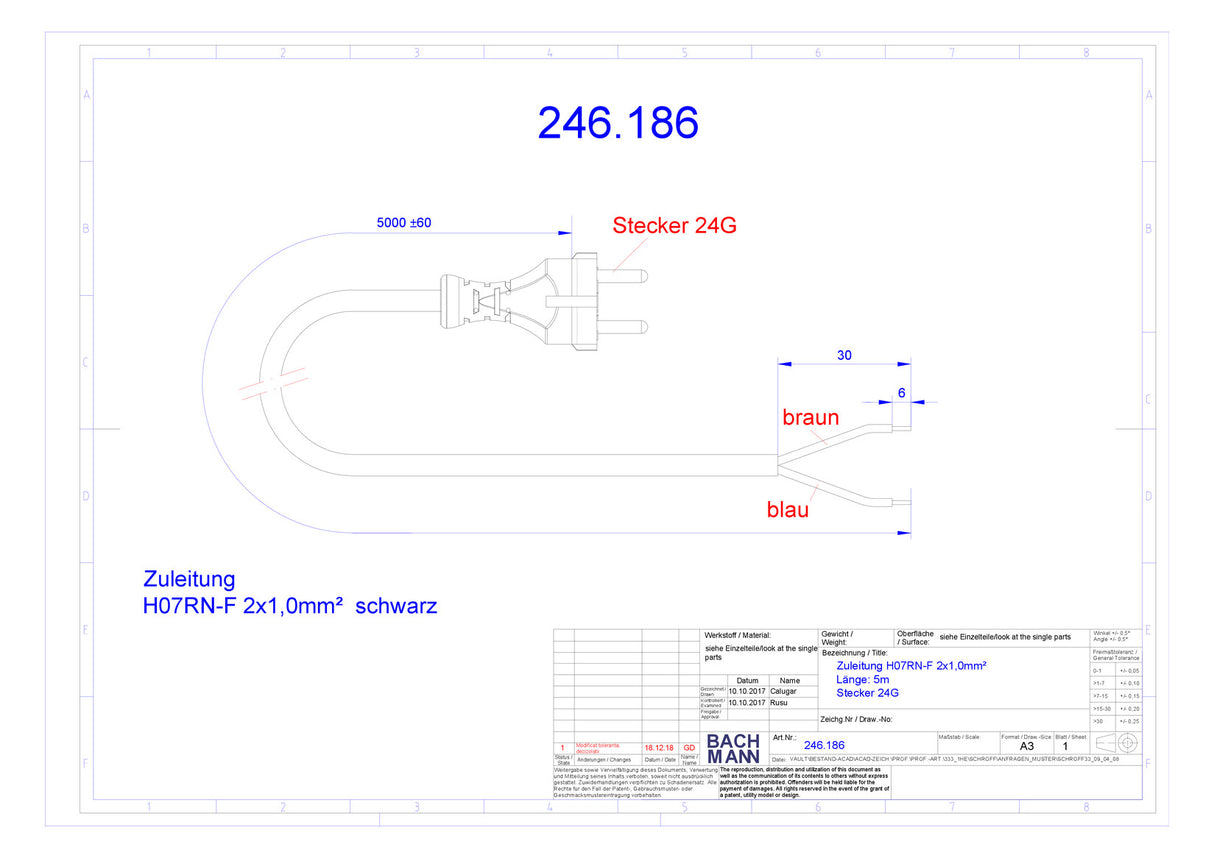 BACHMANN Netzanschlussleitung 5m 2x1qmm 246.186 10A sw IP20 KontSteck Aderendh