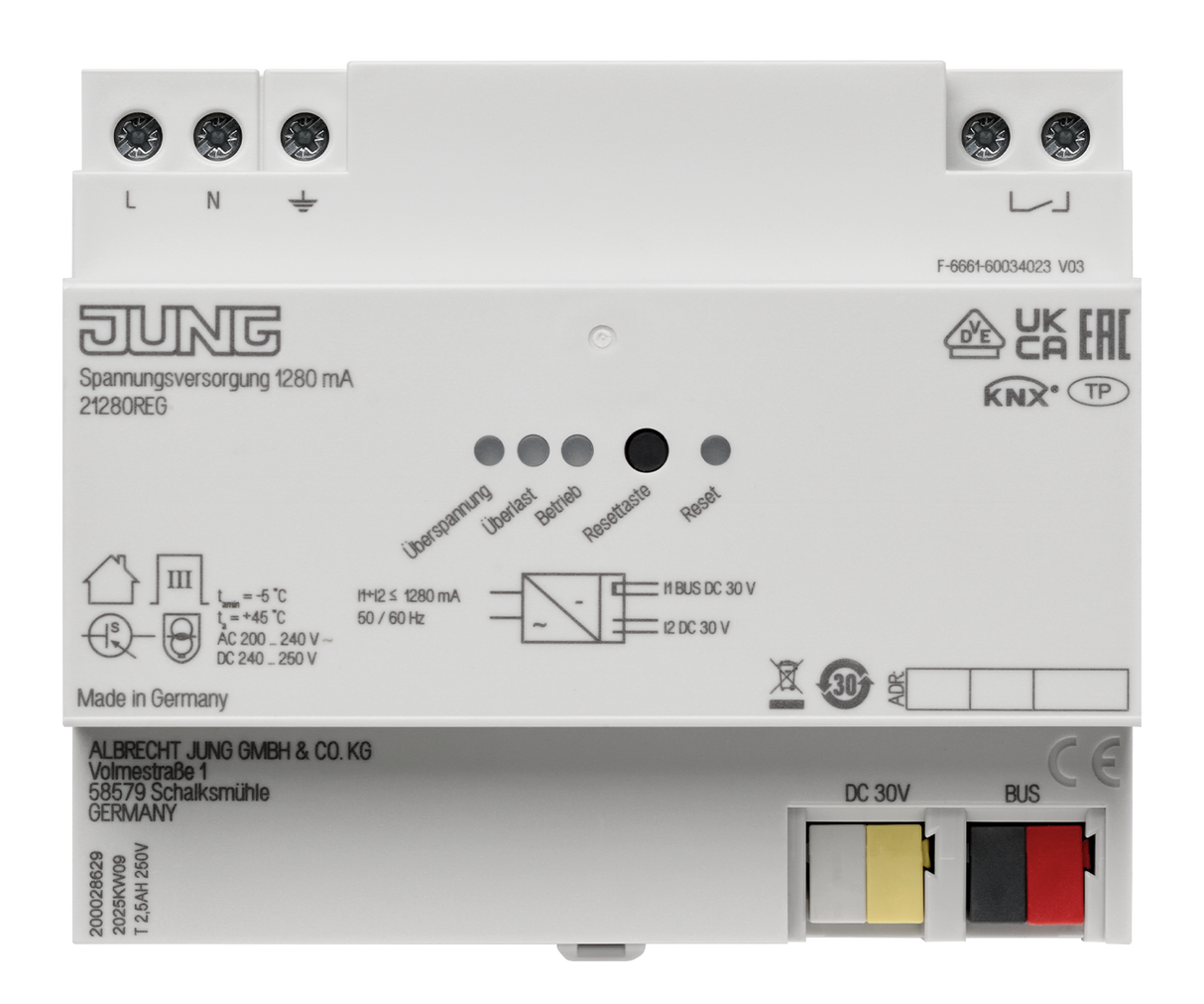 JUNG Spannungsversorgung KNX REG 6TE LED 21280 REG 1280mA pufferb.Spg