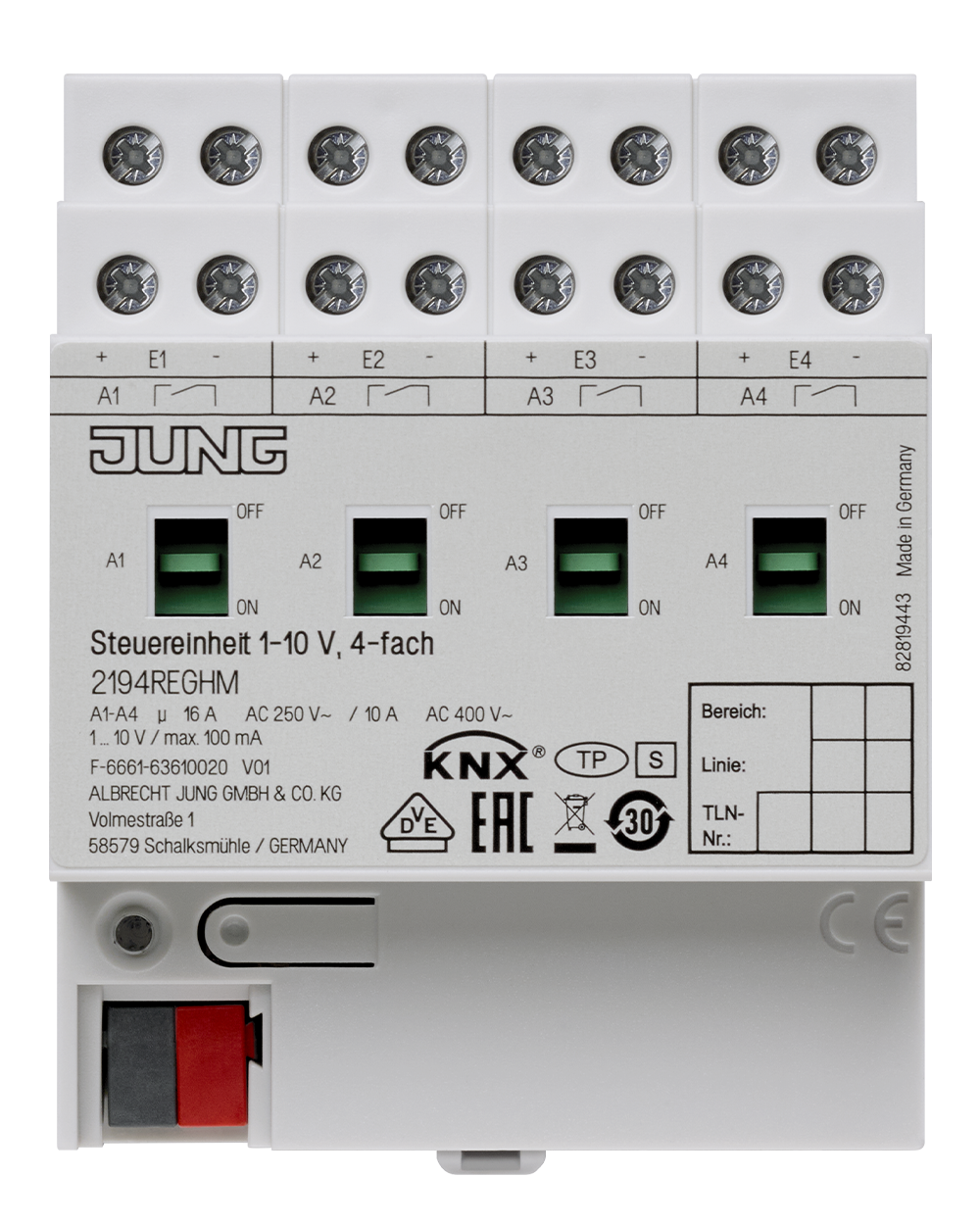 JUNG Lichtsteuergerät KNX REG 4TE 1-10V 2194 REGHM 4Ausg Handbedien
