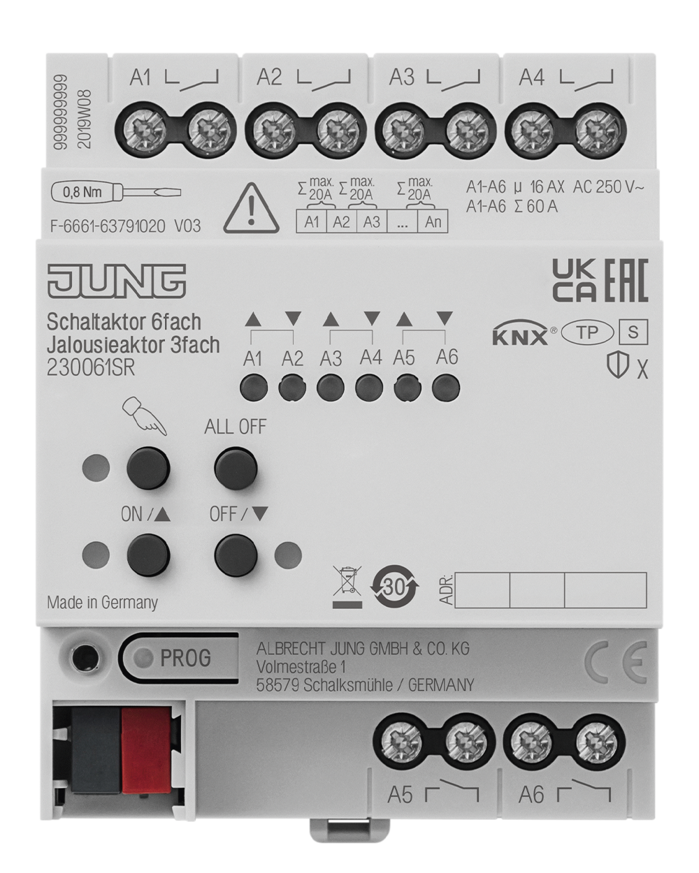 JUNG Schaltaktor KNX REG 4TE 6f 16A 23006 1S R 3000W 110-230V Handbedien