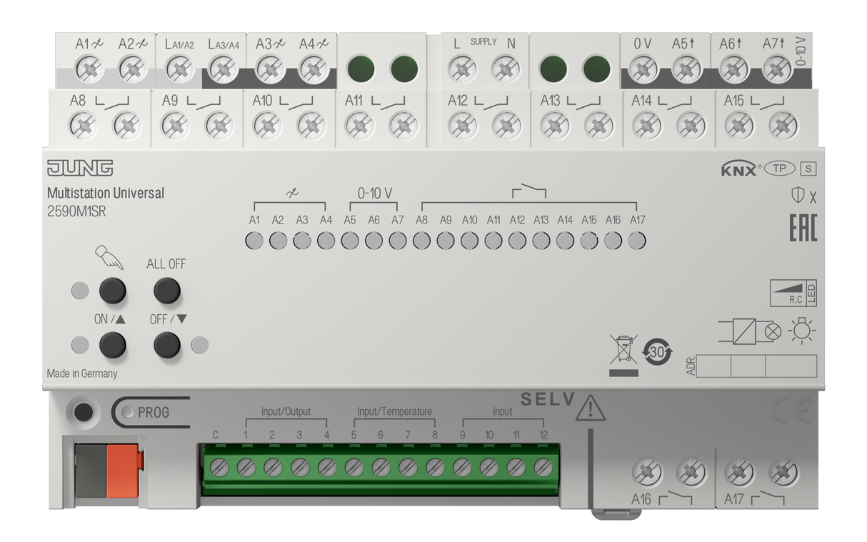 JUNG Schaltaktor KNX C-Last REG 8TE 17f 2590 M1SR 8A 1800W 110-230V Handbedien