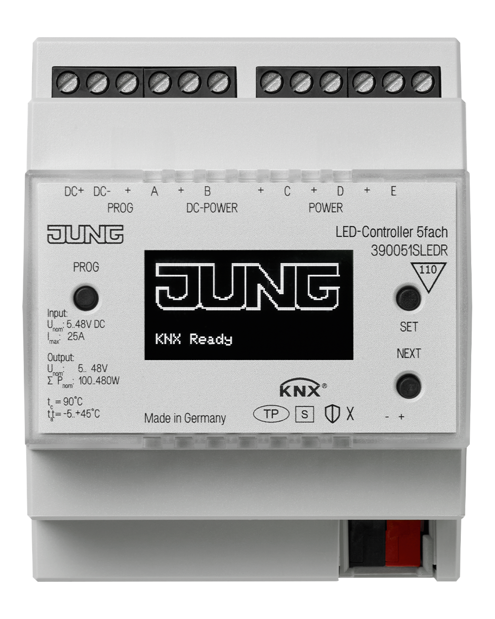 JUNG Dimmaktor KNX 100-480W REG 4TE 39005 1S LED R Handbedien 5Ausg