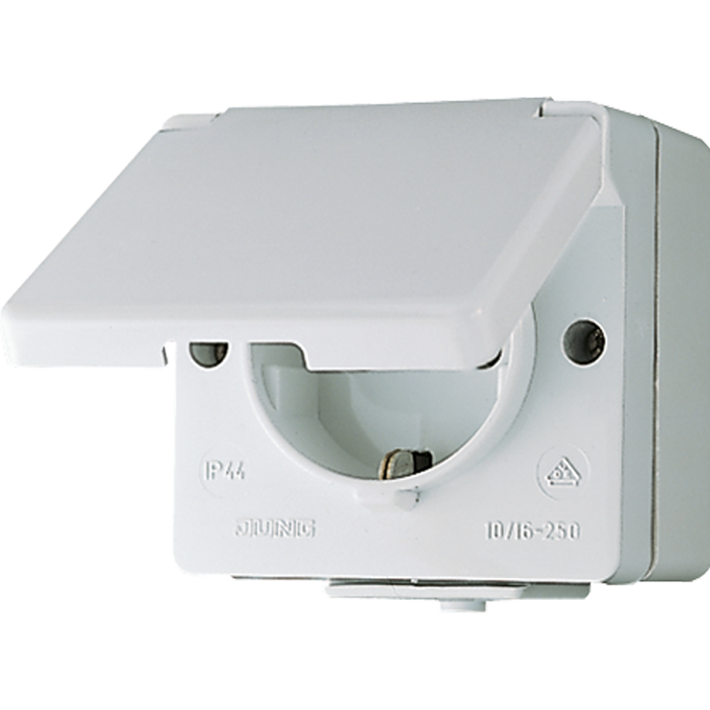 JUNG Steckdose 1f gr glz AP Klappd IP44 WG 600 620 WX vert