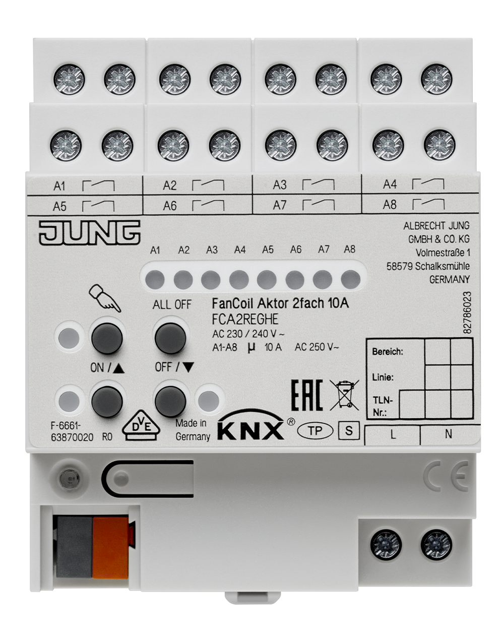 JUNG Heizungsaktor KNX REG 8Ausg 10A FCA 2 REGHE 230-240V Handschaltung