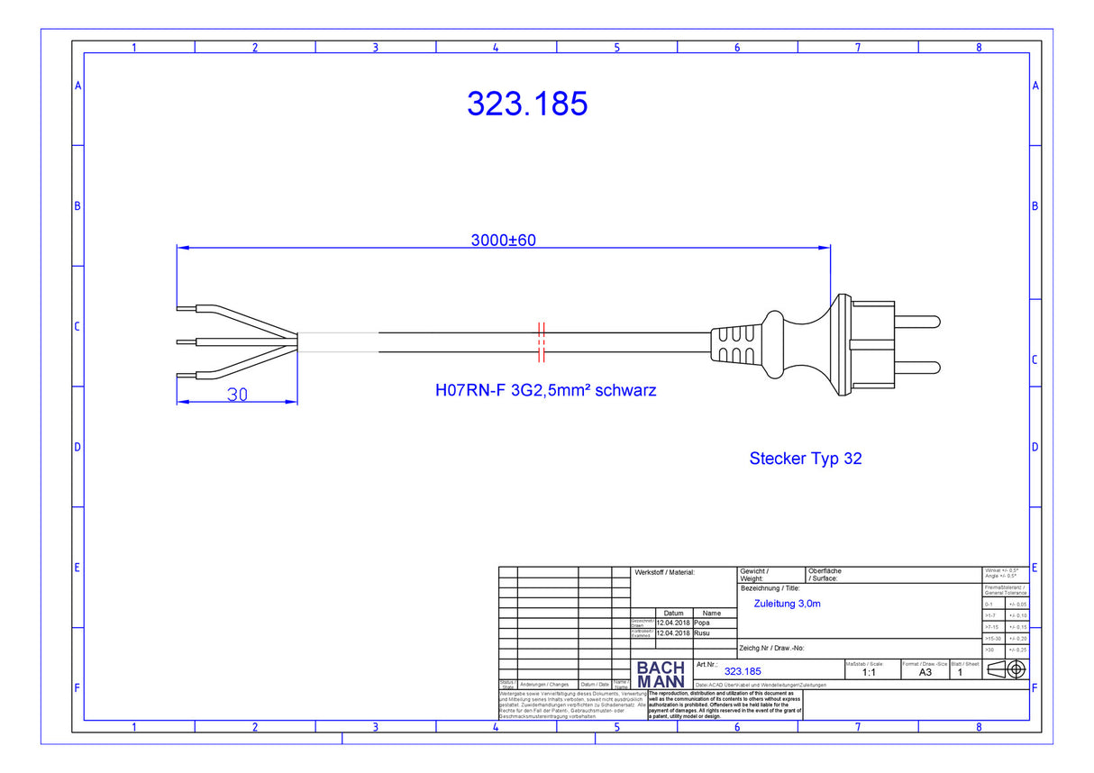 BACHMANN Netzanschlussleitung 3m 16A sw 323.185 3x2,5qmm IP20 Aderendh 0-70°C
