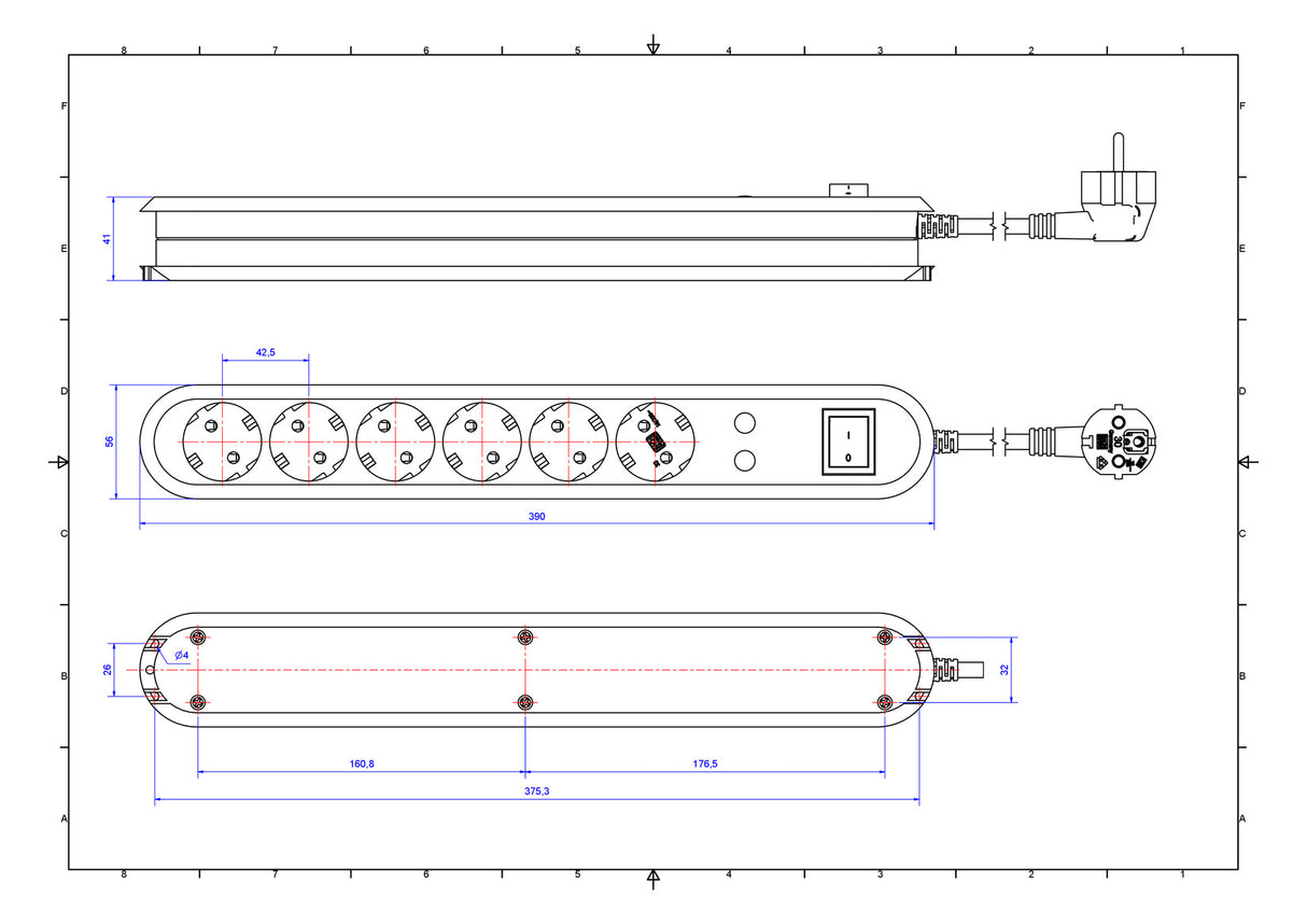 BACHMANN Steckdosenleiste 6f ws 1,5m 35° 381.2501K m.Ein/Aus IP20 ÜSS 1,5qmm