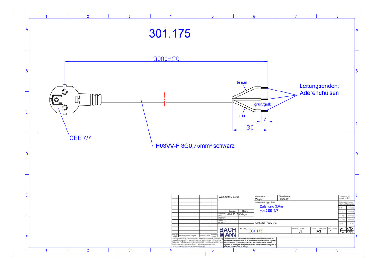 BACHMANN Netzanschlussleitung 3m 16A sw 301.175 3x0,75qmm IP20 Aderendh 0-70°C