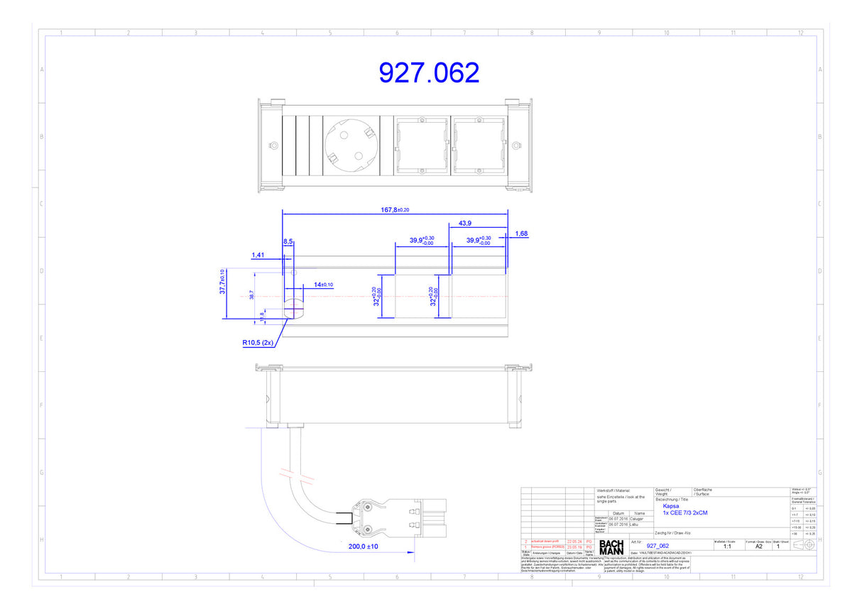 BACHMANN Steckdosenleiste 1f alu 0,2m KAPSA 927.062 35° IP20 1,5qmm