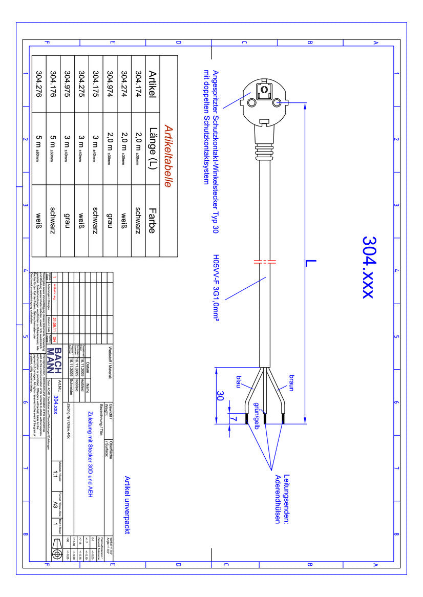 BACHMANN Netzanschlussleitung 2m 3x1qmm 304.274 16A ws IP20 Aderendh 0-70°C PVC