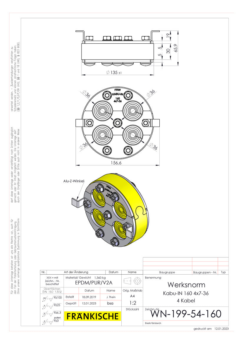 FRÄNKISCHE Mauerdurchführung 135-138mm Kabu-IN 160 4x7-36 Pressringdichtung