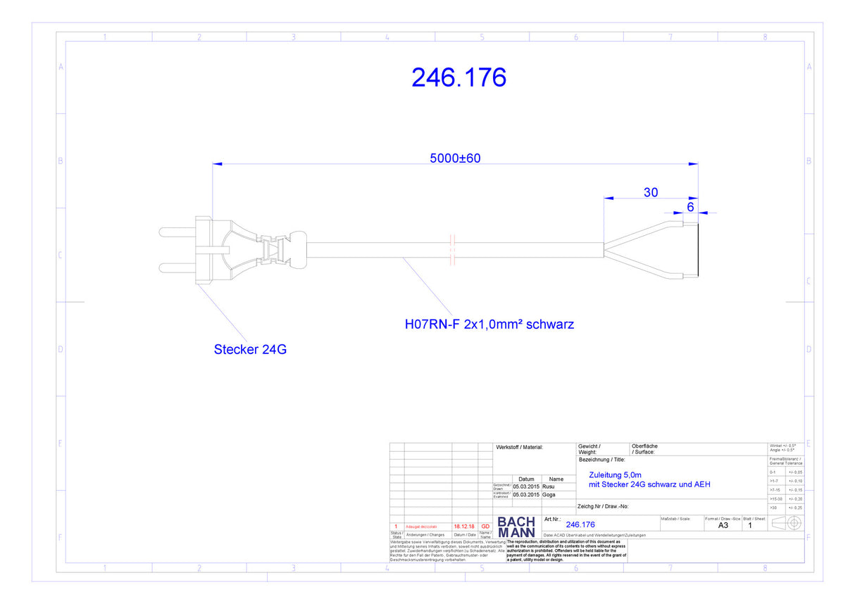 BACHMANN Netzanschlussleitung 5m 2x1qmm 246.176 10A sw IP20 Aderendh KontSteck